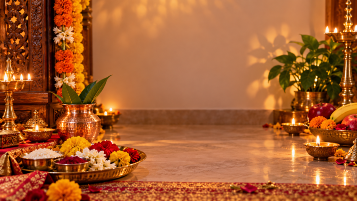 लक्ष्मी पूजा की तैयारी में कलश, फल, फूल और दीपक