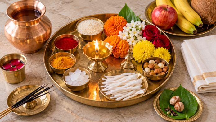 दिवाली पूजा सामग्री की थाली में दीपक, चावल और फूल