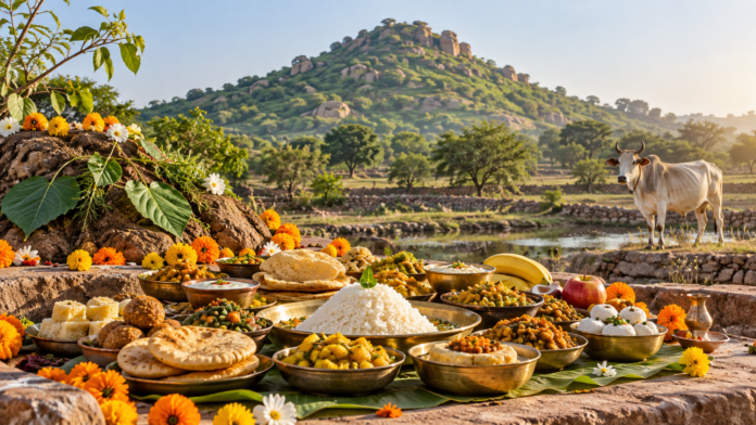 गोवर्धन पर्वत के पास अन्नकूट प्रसाद और दूर खड़ी गाय